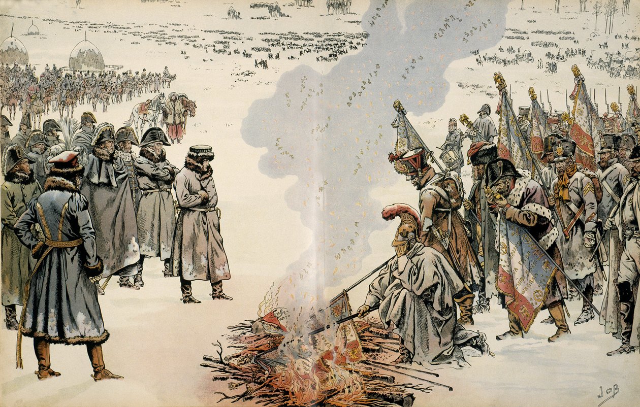 Rysslands kampanj (1812): Under Rysslands reträtt beordrade Napoleon I Bonaparte (1769-1821) att bränna flaggor och örnar för att hindra fienden från att ta över dem. I "" Napoleon"" av Georges Montorgueil. Illustration av Jacques Marie Gaston Onfray av pseudonym for Onfray de Breville Jacques Job