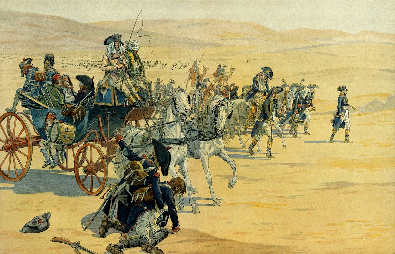 Kampanj eller expedition från Egypten från Napoleon I Bonaparte (1769-1821) mellan 1798 och 1801. Illustration av Jacques Marie Gaston Onfray de Breville dit JOB (1858-1931). Privat samling av pseudonym for Onfray de Breville Jacques Job