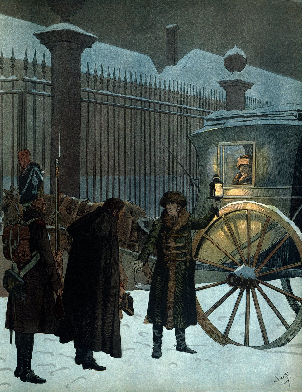 Besegrade det ryska fälttåget och återvände till Paris: Napoleon I Bonaparte (1769-1821) i en sedan anlände till tuilerierna den 18 december 1812 klockan 11 på kvällen efter den ryska reträtten. I "" Napoleon"" av Georges Montorgueil. Illustration av J av pseudonym for Onfray de Breville Jacques Job