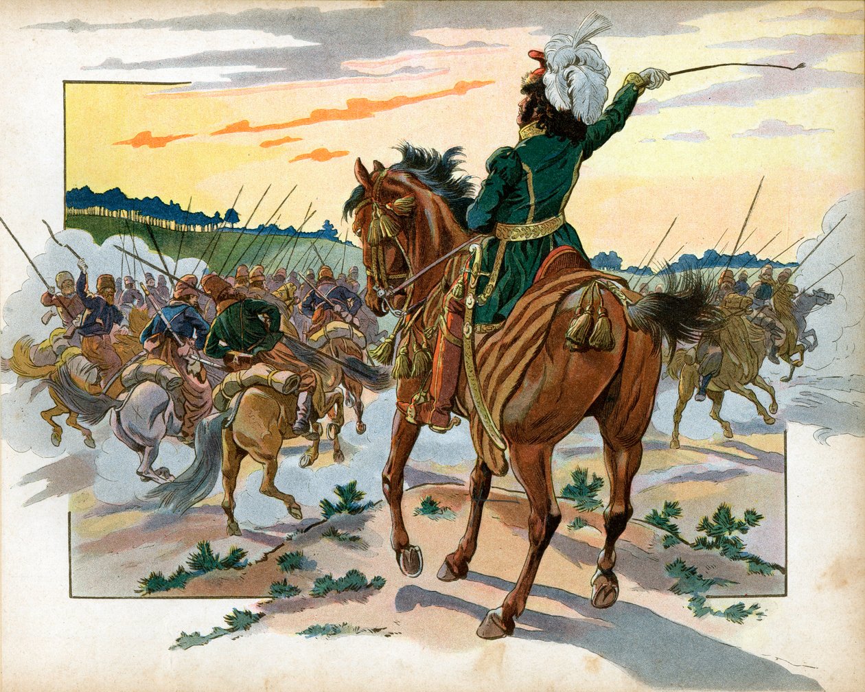 Under det ryska fälttåget ryckte Joachim Murat (1767-1815) fram ensam mot kosackerna och placerade dem bakom enbart genom sin närvaro. Gravyr av Jacques Marie Gaston Onfray de Breville dit Job (1858-1931) av pseudonym for Onfray de Breville Jacques Job