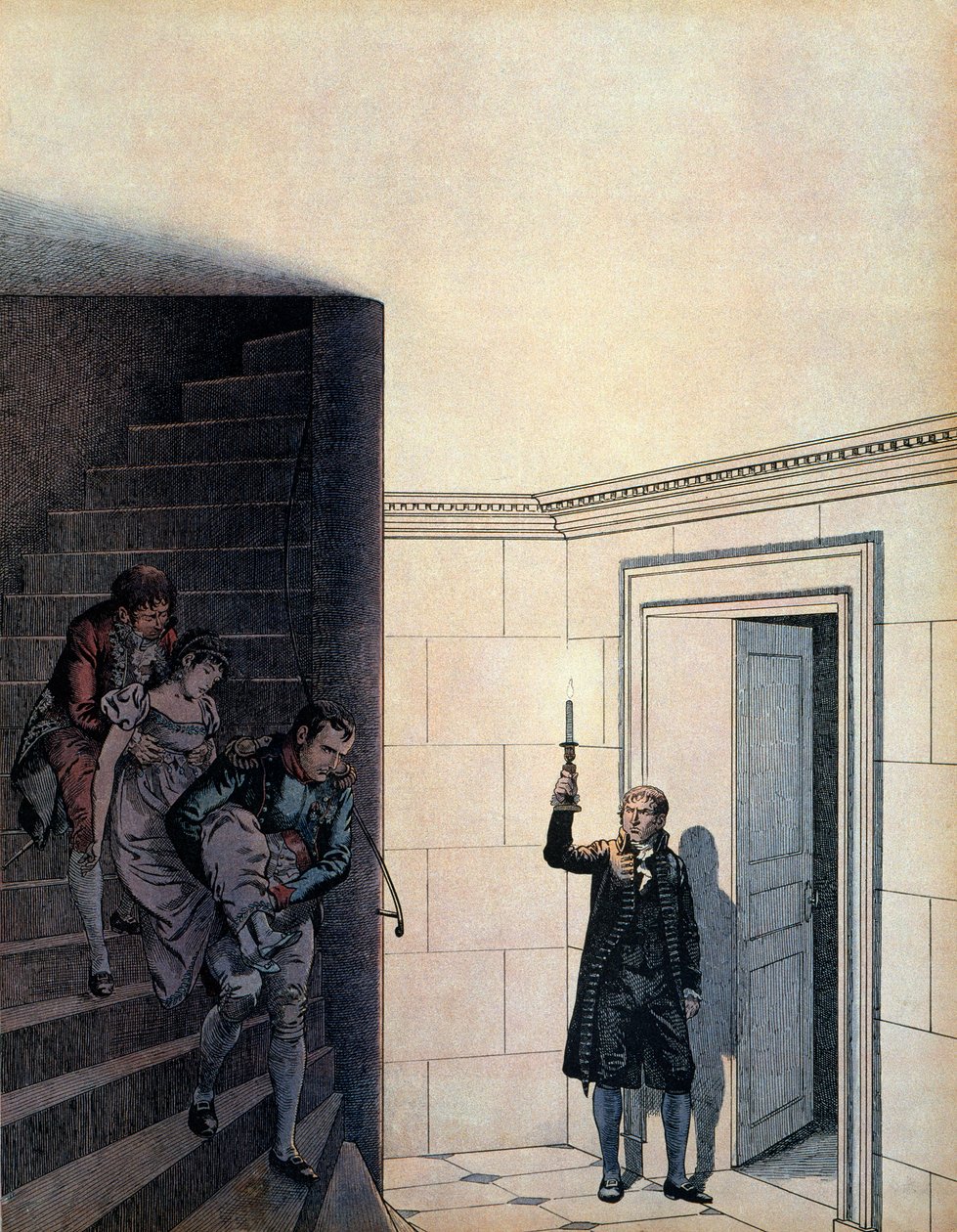 Kejsar Napoleon I Bonaparte (1769-1821) och hans kammarherre efter tillkännagivandet av hennes skilsmässa 1809, hade kejsar Josephine (1763-1814) försvunnit i hennes sovrum. I "" Napoleon"" av Georges Montorgueil. Illustration av Jacques Marie Gaston Onfra av pseudonym for Onfray de Breville Jacques Job