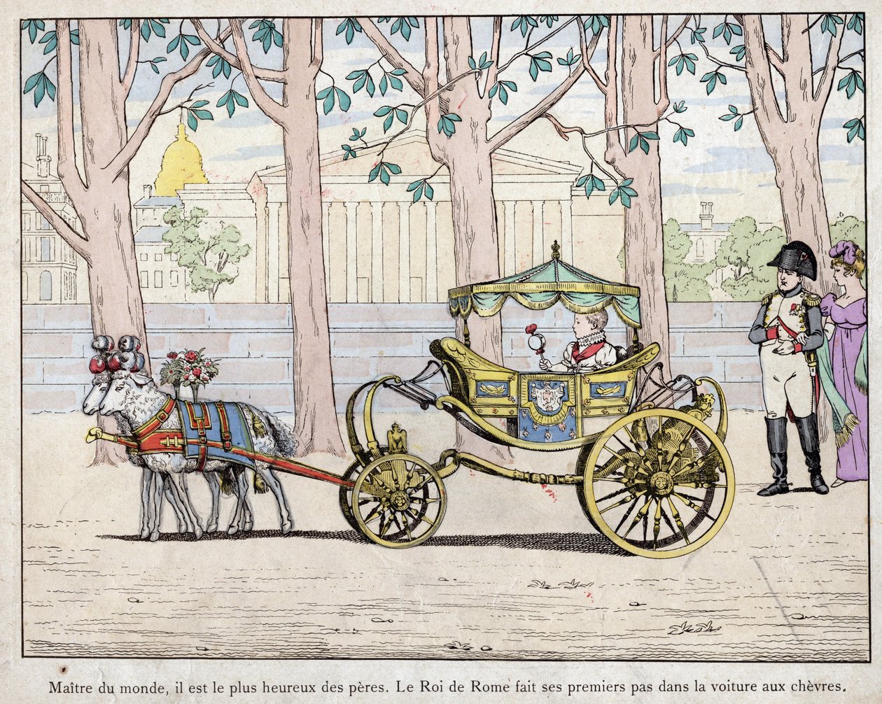 Kejsar Napoleon I Bonaparte (1769-1821) med sin son prins Napoleon Francois Charles Joseph Bonaparte, som blev kung av Rom Napoleon II också senare kallad Aiglon - Napoleon tittar på kungen av Italien (Napoleon II) som tar sina första steg i en ca. av pseudonym for Onfray de Breville Jacques Job