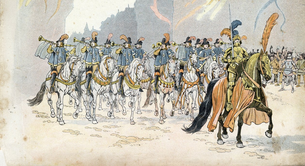 Entré av kung Karl VI (1368-1422) i Paris ackompanjerar trettio trumpeter. i "" Frankrike, hans historia berättad av G. Montorgueil, imagee av Job""" 1896. Privat samling. av pseudonym for Onfray de Breville Jacques Job