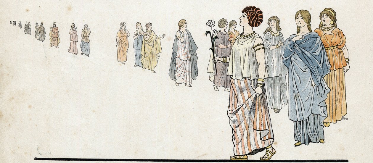 Femmes des "" free men"" (fria medborgare) bär sina klänningar häftade på axeln och tunga juveler på armarna. i "" Frankrike, hans historia berättad av G. Montorgueil, imagee av Job""" 1896. Privat samling. av pseudonym for Onfray de Breville Jacques Job