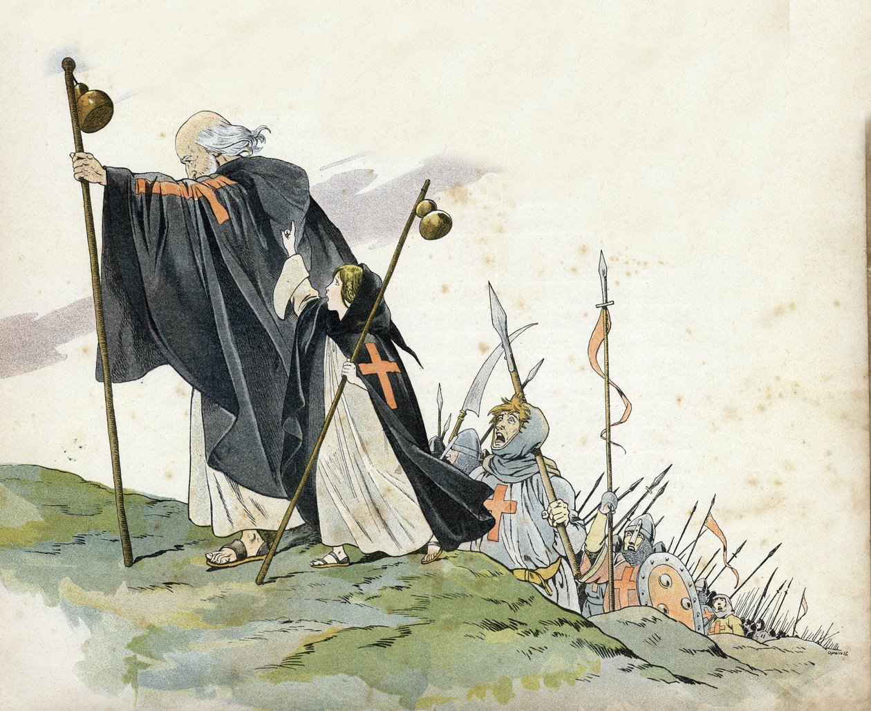 Första korståget: Eremiten Peter (1050-1115) leder korståget till ropet "Gud vill det!" . Han är klädd i kappa, slår med ett kors och håller i en pelerinhumla. En liten flicka som symboliserar Frankrike följer med henne. i "" Frankrike, hennes historia ber av pseudonym for Onfray de Breville Jacques Job