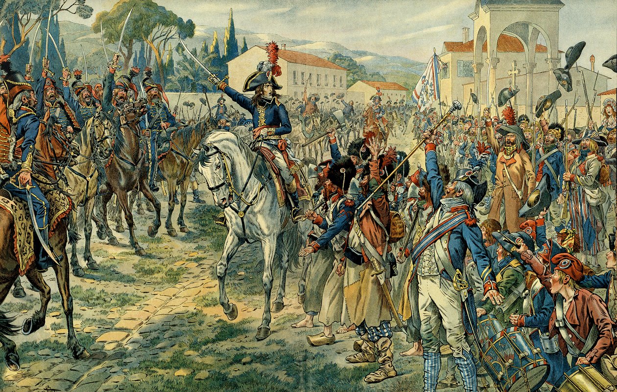 Första italienska kampanjen (1796-1797): Napoleon I Bonaparte (1769-1821) granskade Italiens armé i Nice den 27 mars 1796. Illustration av Jacques Marie Gaston Onfray de Breville dit JOB (1858-1931). Privat samling av pseudonym for Onfray de Breville Jacques Job
