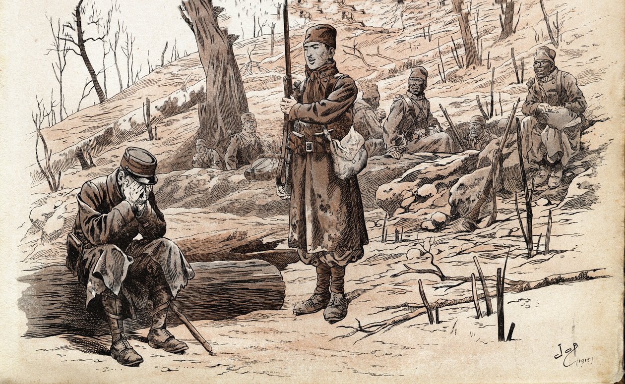 Första världskriget 1914-1918: Infanteristsoldat och senegalesiska Tirailleurs från den franska armén. Illustration av Job (Jacques Marie Gaston Onfray och Breville) (Jacques-Marie) (1858-1931) för boken "Les grands mots historique du pays de France"" 1915 av pseudonym for Onfray de Breville Jacques Job