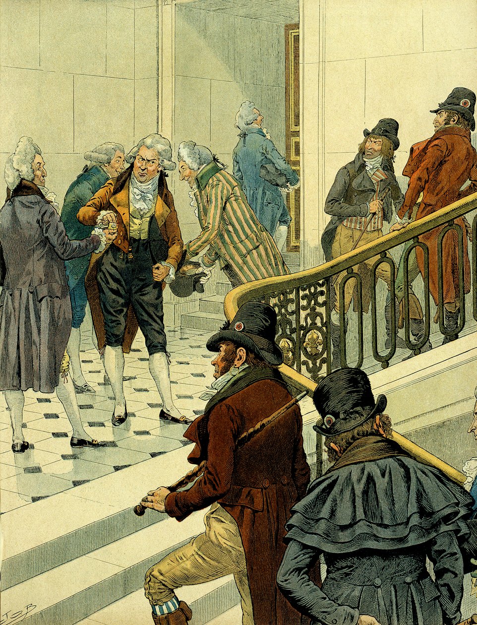 Första imperiet av Napoleon I Bonaparte (1769-1821): möte i trappan till tuilerierna mellan återvändande emigranter och de tidigare revolutionärerna. Illustration av Jacques Marie Gaston Onfray de Breville dit JOB (1858-1931). Privat samling av pseudonym for Onfray de Breville Jacques Job