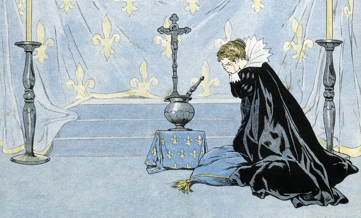 Frankrike, representerat av en kvinna som bär en svart cape, sörjer kung Henrik IV:s död (1553-1610). i ”Frankrike, hans historia berättad av G. Montorgueil, avbildad av Job”” 1896. Privat samling. av pseudonym for Onfray de Breville Jacques Job