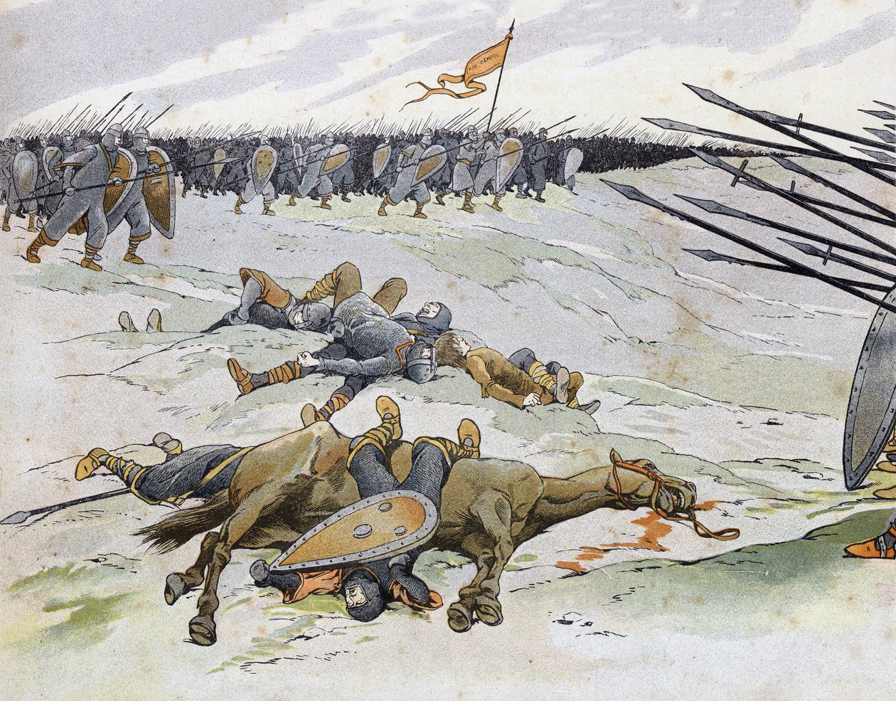 Fransk-engelska kriget (1202-1214): soldater som dog i slaget vid Bouvines den 27/07/1214 som motsatte sig den franska armén Philippe Auguste mot flamländarna och Welfs av Othon IV. i "Frankrike, dess historia berättad av G. Montorgueil, bild av Job"" 1896 av pseudonym for Onfray de Breville Jacques Job