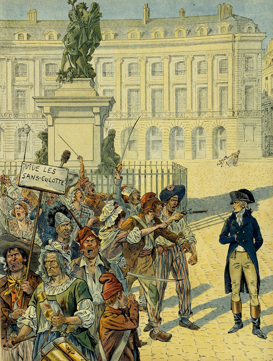 Franska revolutionen 1789: Napoleon I Bonaparte (1769-1821) hotad av trosmassan (utan trosor) den 10 augusti 1792 nära Statyn av Ludvig XIV (1638-1715) av Desjardins innan den störtades, Place des Paris Victoires i Paris . Illustration av pseudonym for Onfray de Breville Jacques Job