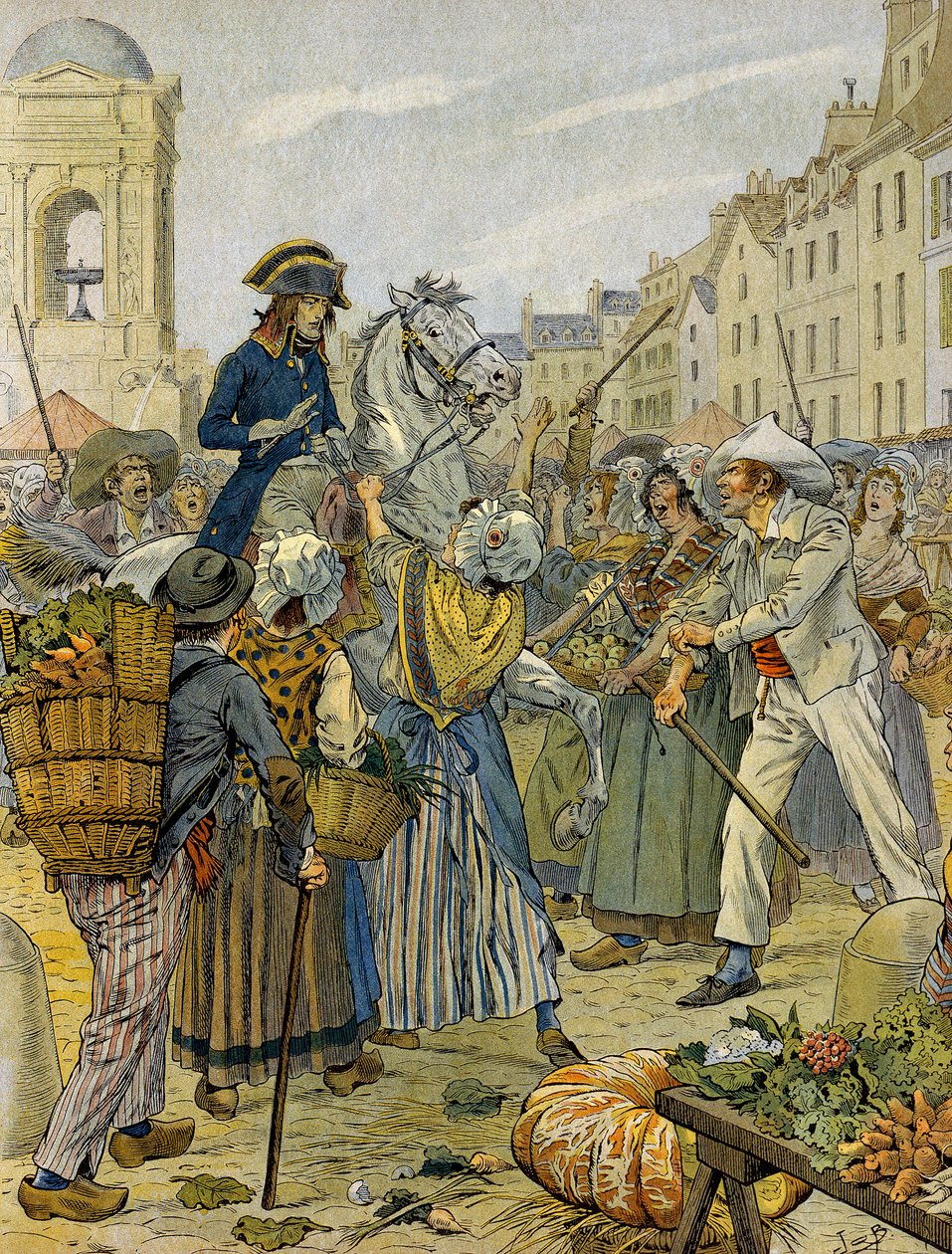 Franska revolutionen 1789: Napoleon I Bonaparte (1769-1821) tog parti av den revolutionära befolkningen och utan trosor (utan trosor) i Les Halles. Illustration av Jacques Marie Gaston Onfray de Breville dit JOB (1858-1931). Privat samling av pseudonym for Onfray de Breville Jacques Job