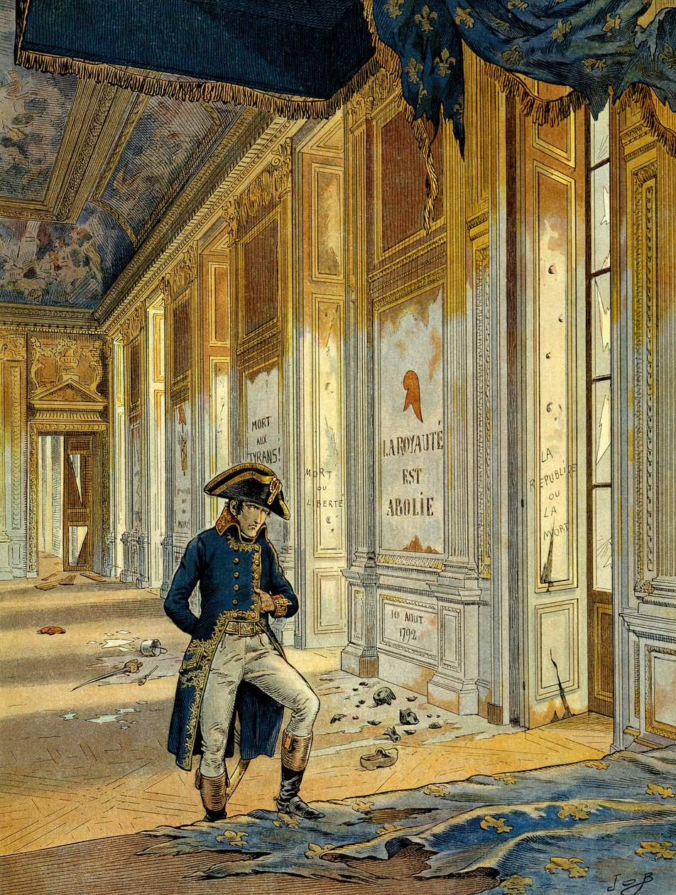 Franska revolutionen 1789: Napoleon I Bonaparte (1769-1821) i tronsalen vid Tuileripalatset efter att revolutionärerna som plundrade platsen hade passerat. På väggen står det: "Riket är avskaffat." Illustration av Jacques Marie Gaston Onfray av pseudonym for Onfray de Breville Jacques Job