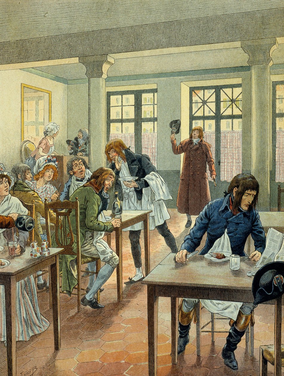 Franska revolutionen 1789: Napoleon I Bonaparte (1769-1821) ung på gargotier Justat, från rue des petits peres (Petits-Peres) i Paris, reducerades till en enda rätt som han betalade för 6 under portionen. Illustration av Jacques Marie Gaston Onfray de av pseudonym for Onfray de Breville Jacques Job
