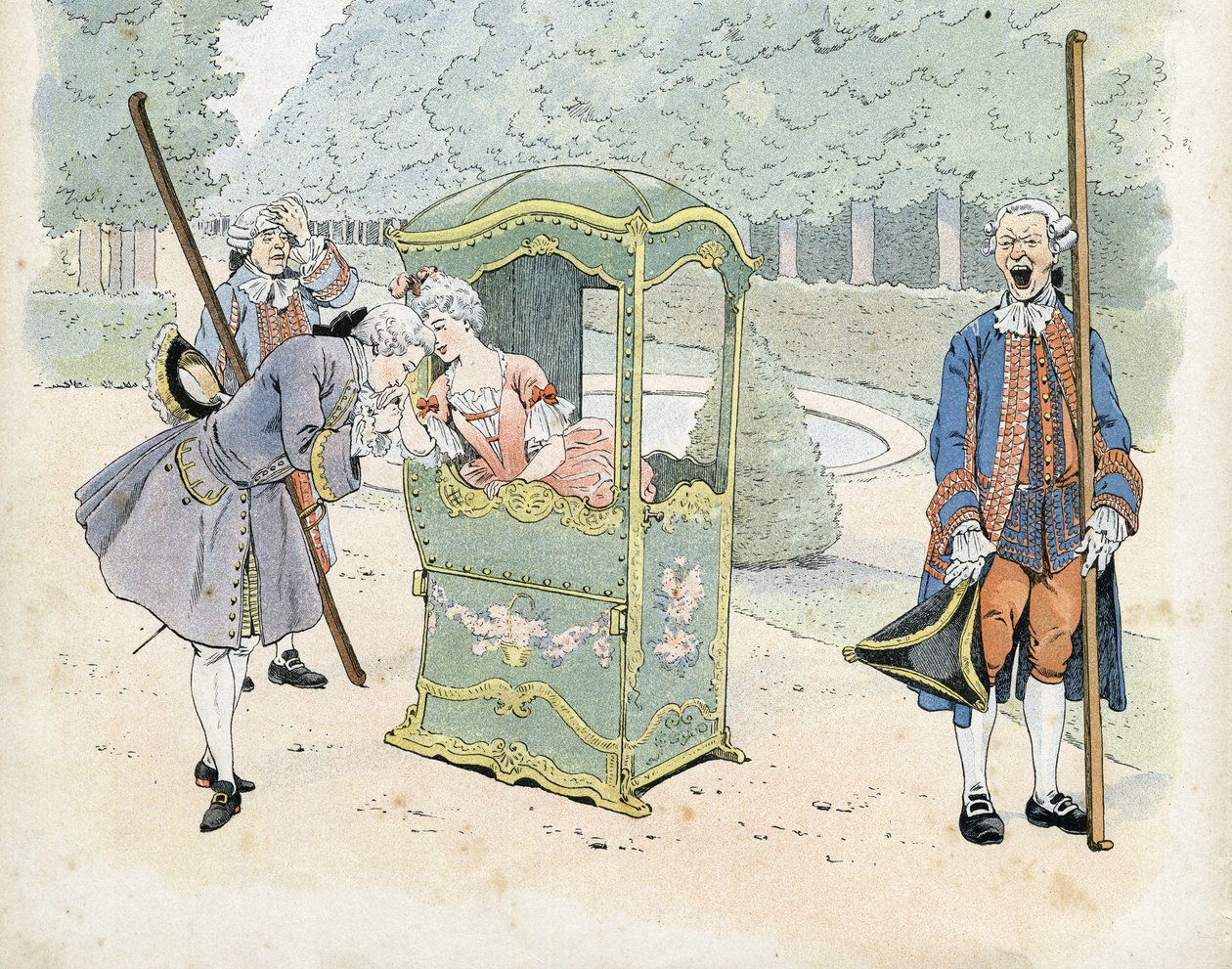 Fransk tapperhet på 1700-talet: en ung man kysser en kvinnas hand i en rullstol. i "Frankrike, hans historia berättad av G. Montorgueil, bild redigerad av Job"" 1896. Privat samling. av pseudonym for Onfray de Breville Jacques Job