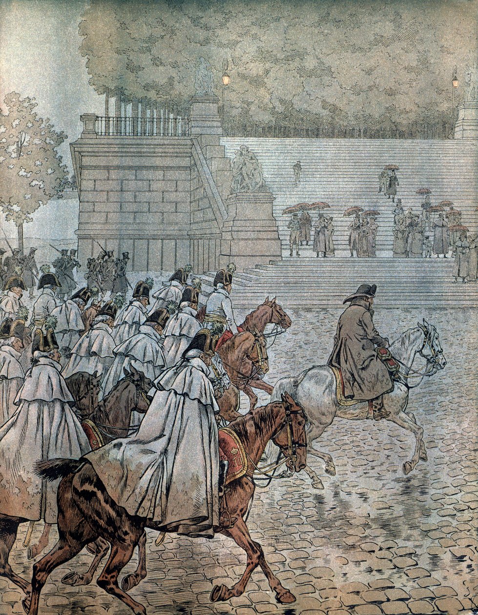 Tyskt fälttåg 1813: Napoleon I Bonaparte (1769-1821) och hans generalstab (stab) återvände till Dresden efter att ha vunnit slaget den 26 och 27 augusti. I "" Napoleon"" av Georges Montorgueil. Illustration av Jacques Marie Gaston Onfray de Breville dit J av pseudonym for Onfray de Breville Jacques Job