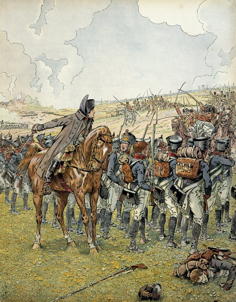 Tyskt fälttåg 1813: Napoleon I Bonaparte (1769-1821) vid slaget vid Lutzen den 2 maj 1813 befäl över sin armé innan han vann seger. I "" Napoleon"" av Georges Montorgueil. Illustration av Jacques Marie Gaston Onfray de Breville dit JOB (1858-1931) av pseudonym for Onfray de Breville Jacques Job