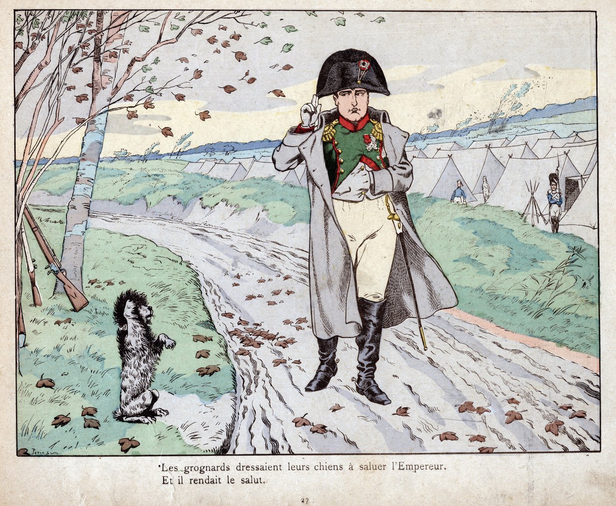Grognards (gamla gardet av Napoleon Bonaparte) tränade sina hundar att hälsa kejsaren - litografi av Job (Jacques Onfroy de Breville) från "" Le Grand Napoleon des Petites Enfants""" 1893 av pseudonym for Onfray de Breville Jacques Job