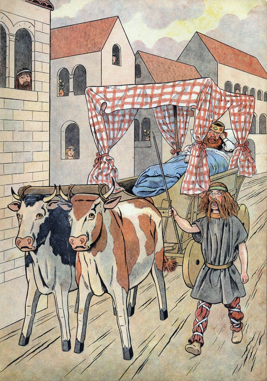Frankrikes historia. Scen som skildrar lata kungar i leksaker: Kungen av Frankrike Thierry III (673-691) bär i en tank med en säng dragen av oxar. I “” Joujoux a l