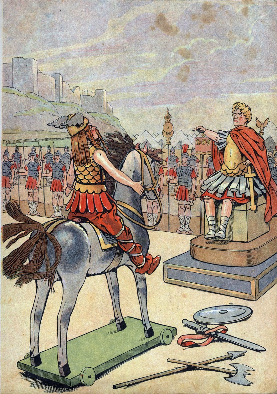 Frankrikes historia. Scen av romerska Gallien med leksaker: Galliske ledaren Vercingetorix (72-46 f.Kr.) på väg till den romerske hövdingen Jules Cesar (100-44 f.Kr.) efter slaget vid Alesia 52 f.Kr. i "" Låt oss spela historia: Frankrike iscensatt med Jou av pseudonym for Onfray de Breville Jacques Job