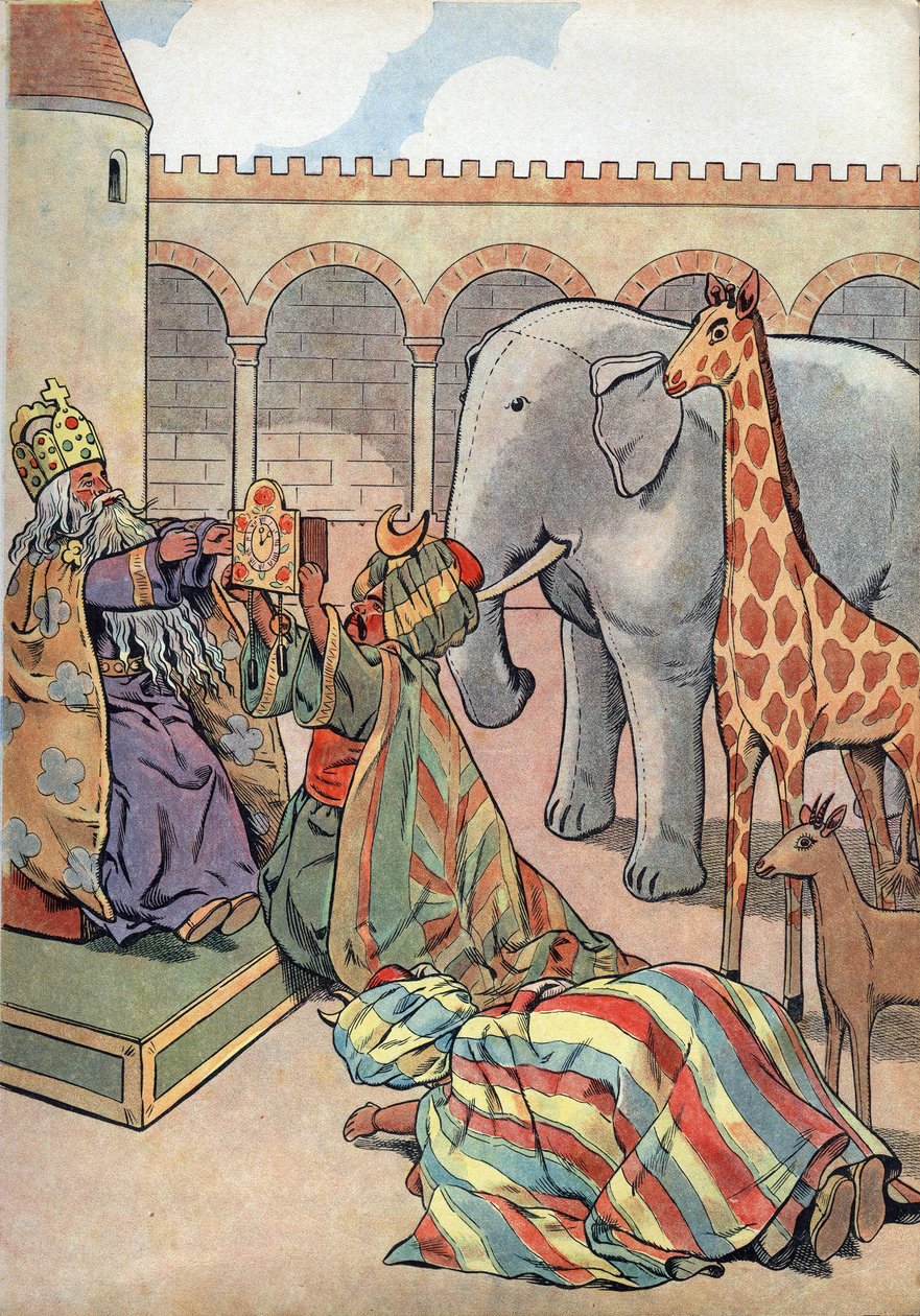 Frankrikes historia. Scen av Karl den Stores liv i leksaker: Kalifen Haron Al Rashid (Haron-Al-Rachid) ger kungen av Frankrike Karl den Store (742-814) en giraff, en elefant och en klocka. I "" Joujoux a l