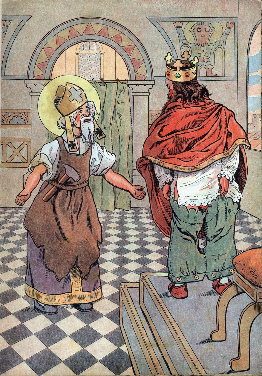 Frankrikes historia. Scen av kung Dagoberts liv med leksaker: Saint Eloi (v.588-659) påpekar för kungen av Frankrike Dagobert I (602 eller 605-638 eller 639) att hans byxor sattes upp och ner (kalsongerna upp och ner). I "" Joujoux a l