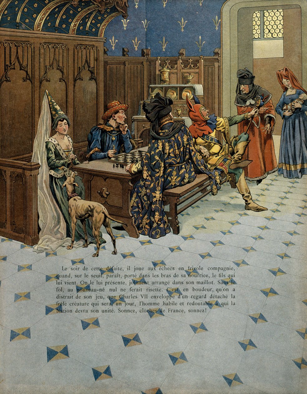 Frankrikes historia under medeltiden (medeltiden): Ludvigs födelse (den dåvarande kungen av Frankrike Ludvig XI kallad den förståndige (1423-1483). Han är närvarande hos sin far, kung Karl VII (1403-1461). Illustration av Jacques Marie Gaston Onfray de Bre av pseudonym for Onfray de Breville Jacques Job