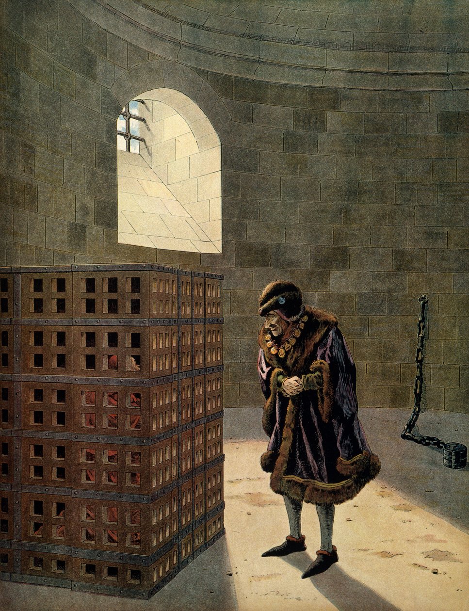 Frankrikes historia under medeltiden (medeltiden): Kardinal Jean Balue (1422-1491) fånge i en av de berömda burarna till kungen av Frankrike Ludvig XI kallad den förståndige (1423-1483) Illustration av Jacques Marie Gaston Onfray de Breville dit JOB (1858- av pseudonym for Onfray de Breville Jacques Job