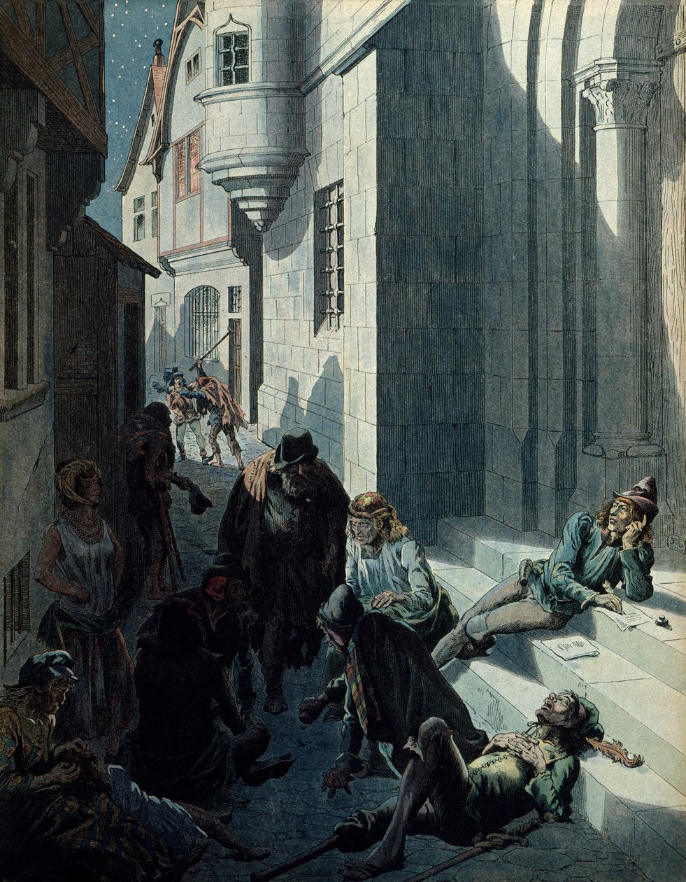 Frankrikes historia under medeltiden (medeltiden): Francois de Montcorbier känd som Francois Villon (1431-1463?), poet som komponerade sina verk i Paris gators misär. Illustration av Jacques Marie Gaston Onfray de Breville dit JOB (1858-1931) av pseudonym for Onfray de Breville Jacques Job