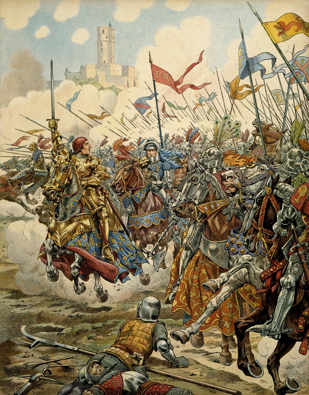 Frankrikes historia under medeltiden (medeltiden): Kung Ludvig XI kallade den försiktige (1423-1483) i spetsen för sin armé under slaget vid Montlery mot Ligue du Bien Public, 16 juli av pseudonym for Onfray de Breville Jacques Job