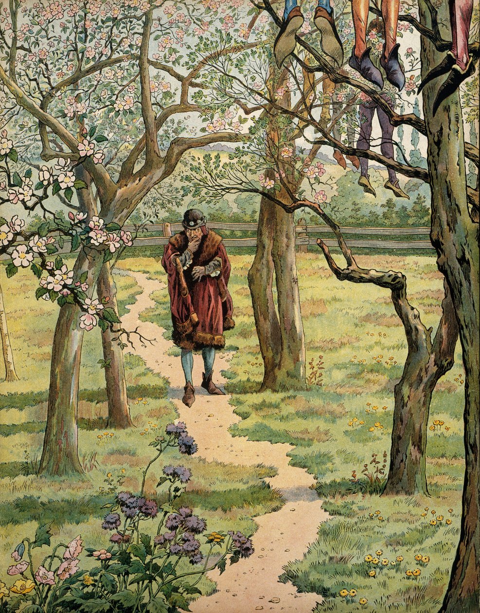 Frankrikes historia under medeltiden (medeltiden): Kung Ludvig XI sa den förståndige (1423-1483) i trädgårdarna på slottet Plessis-les-Tours (Plessis les Tours) (Plessis-les-Tours) (Plessis Lez) Tours), Indre och Loire. Människor sågs hänga från tre av pseudonym for Onfray de Breville Jacques Job