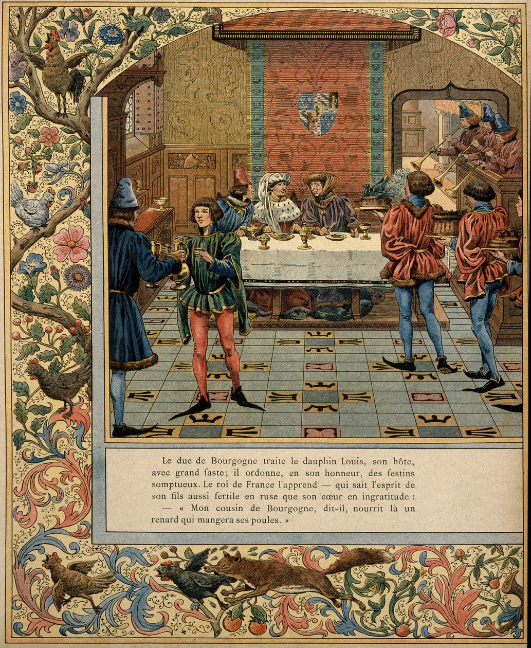 Frankrikes historia under medeltiden (medeltiden): Hertigen av Bourgogne Philippe Le Bon (1396-1467) har ett bord med sin inbjudan delfinen Ludvig (dåvarande kungen av Frankrike Ludvig XI känd som den försiktige av pseudonym for Onfray de Breville Jacques Job