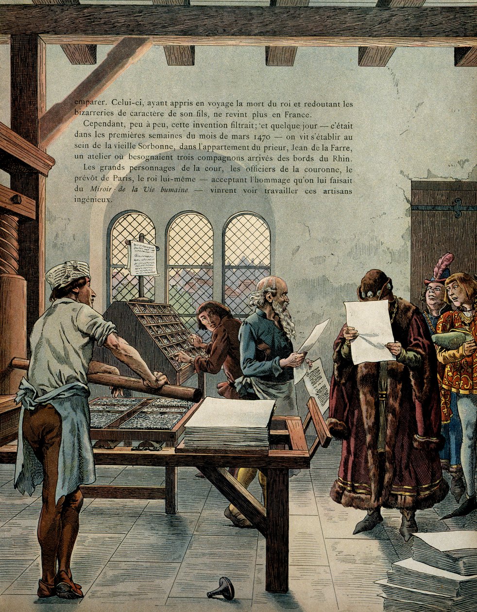 Frankrikes historia under medeltiden (medeltiden): Kungen av Frankrike Ludvig XI kallade den försiktiga (1423-1483) uppmuntrade tillväxten av den grafiska industrin. Kungen besökte Sorbonne i närvaro av typograferna Ulrich Gering (Guerinch eller Guernich av pseudonym for Onfray de Breville Jacques Job