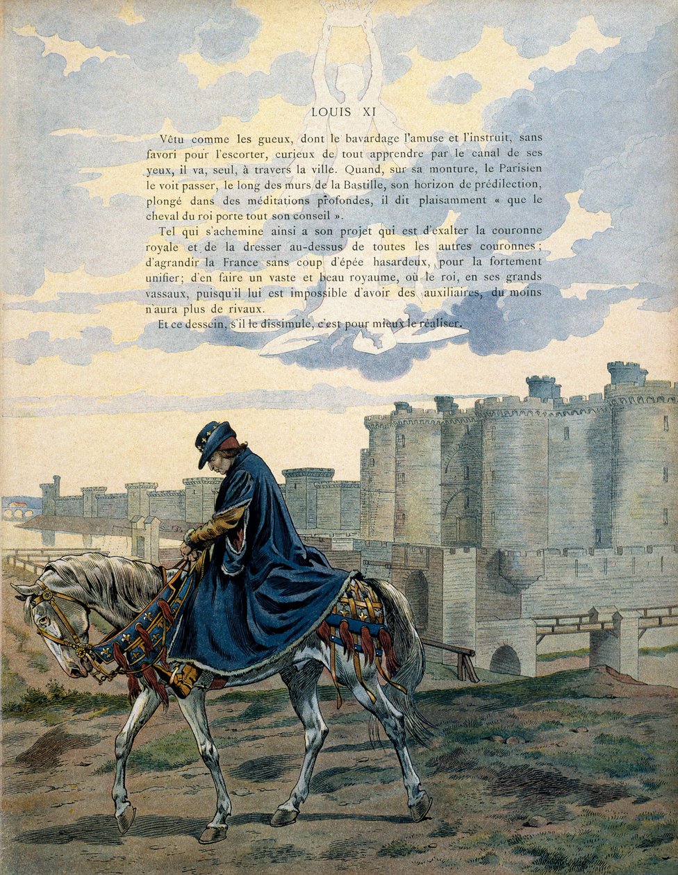 Frankrikes historia under medeltiden (medeltiden): Kungen av Frankrike Ludvig XI kallad den försiktige (1423-1483) går genom Paris gator och framför Bastillefängelset utan att pryda eller eskortera. Illustration av Jacques Marie Gaston Onfray av pseudonym for Onfray de Breville Jacques Job