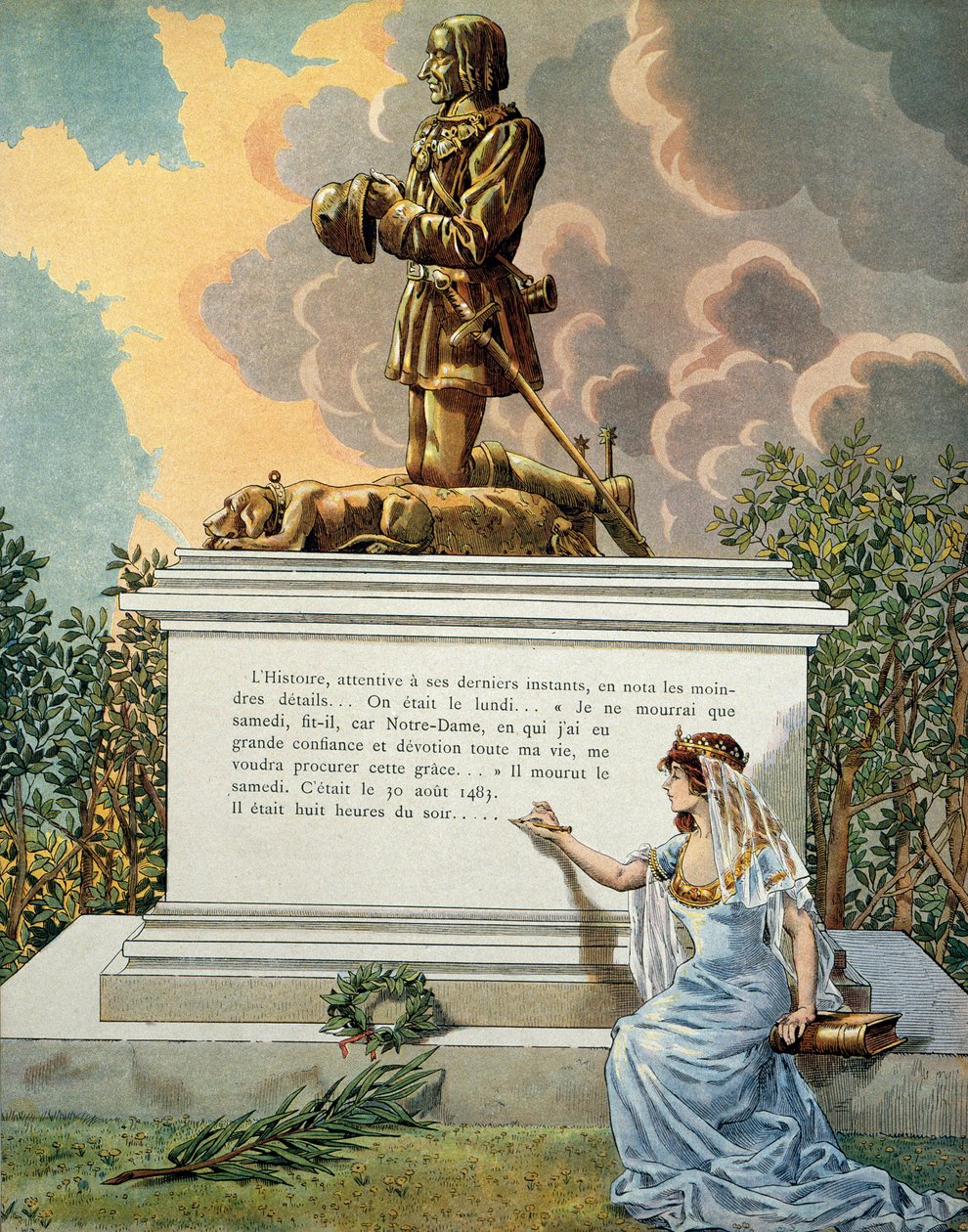 Frankrikes historia under medeltiden (medeltiden): Kungen av Frankrikes grav Ludvig XI kallad den försiktiga (1423-1483) vid Notre Dame de Clery (Notre-Dame-de-Clery), Loiredalen. Illustration av Jacques Marie Gaston Onfray de Breville dit JOB (1858-1931) av pseudonym for Onfray de Breville Jacques Job