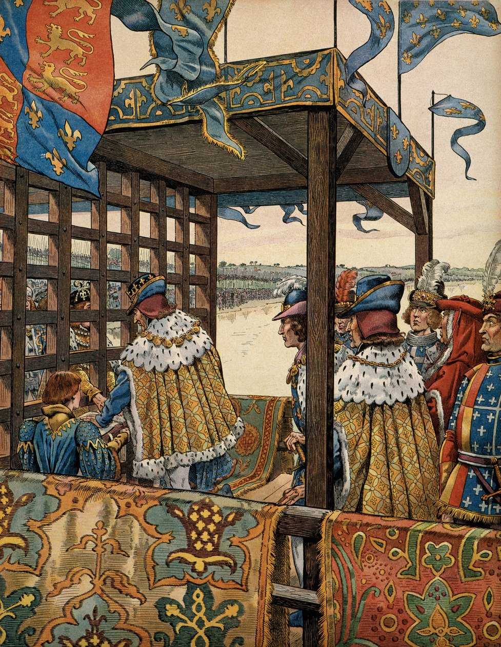 Frankrikes historia under medeltiden (medeltiden): möte mellan kungen av Frankrike Ludvig XI känd som den försynte (1423-1483) och Edvard IV av England (1442-1483) i Picquigny för undertecknandet av en sjuårig treve den 29 augusti av pseudonym for Onfray de Breville Jacques Job