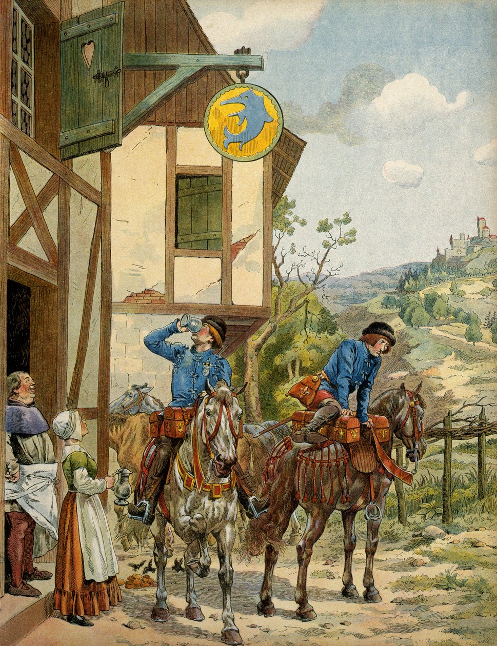 Frankrikes historia under medeltiden (medeltiden): eftertjänst under kung Ludvig XI:s regering kallad den försiktige (1423-1483). Hästpoststationering på ett värdshus. Illustration av Jacques Marie Gaston Onfray de Breville dit JOB (1858-1931) av pseudonym for Onfray de Breville Jacques Job