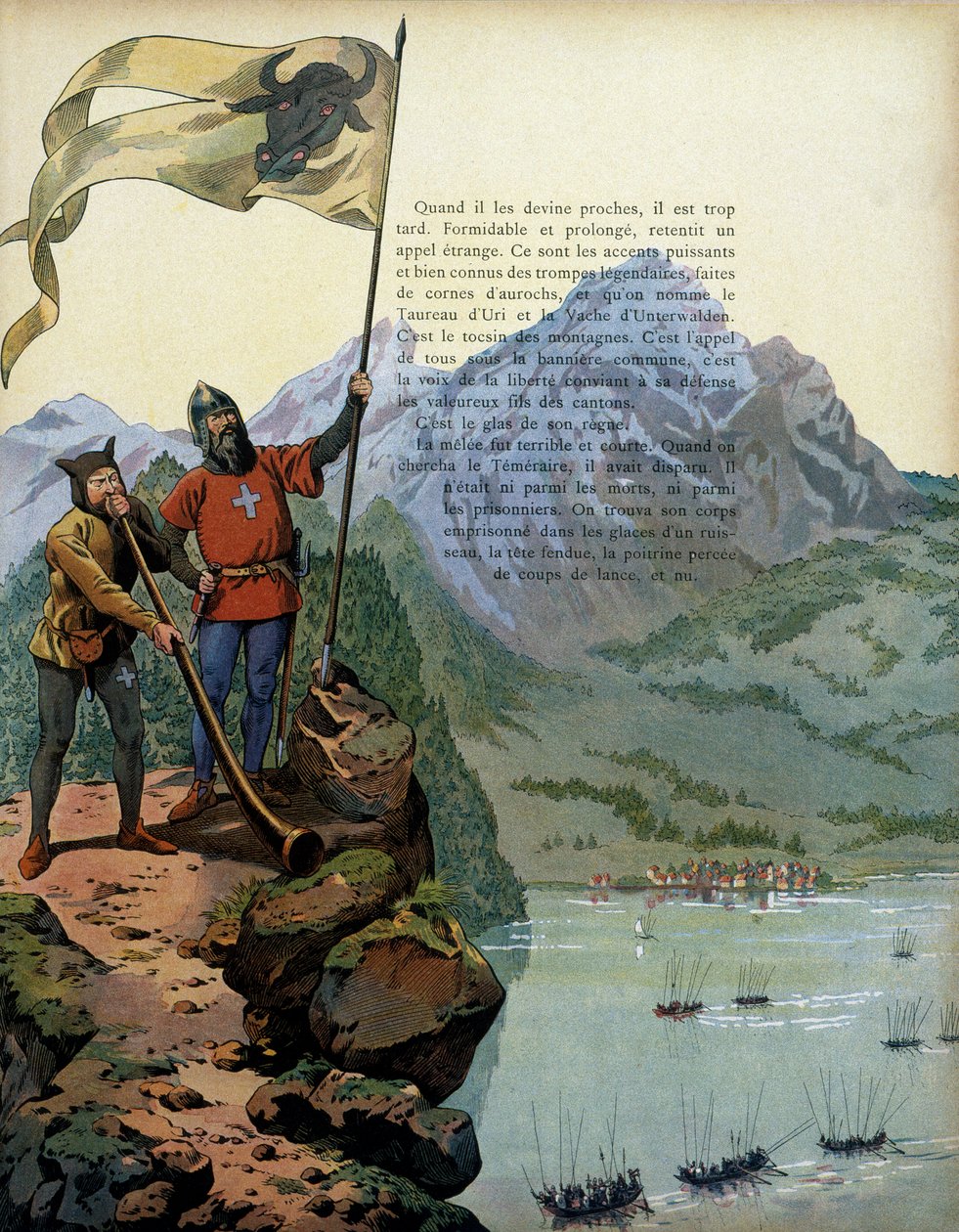 Frankrikes historia under medeltiden: trupperna av Karl Temeraire (1433-1477), hertig av Bourgogne, går in i landet Vaud i Schweiz. Illustration av Jacques Marie Gaston Onfray de Breville dit JOB (1858-1931) av pseudonym for Onfray de Breville Jacques Job