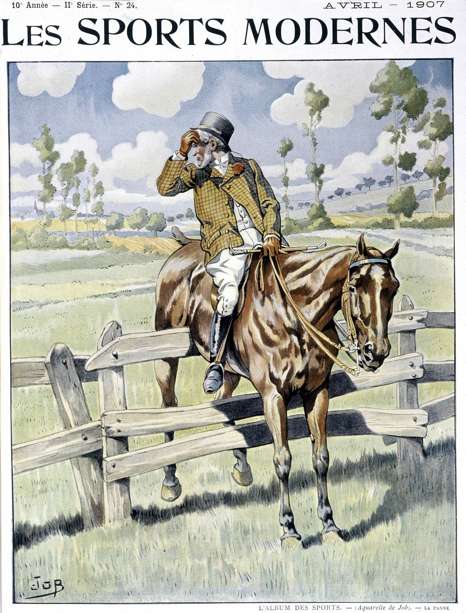 Ridning: "" sammanbrottet"" - Job akvarell, ko. i "" modern sport""" av pseudonym for Onfray de Breville Jacques Job