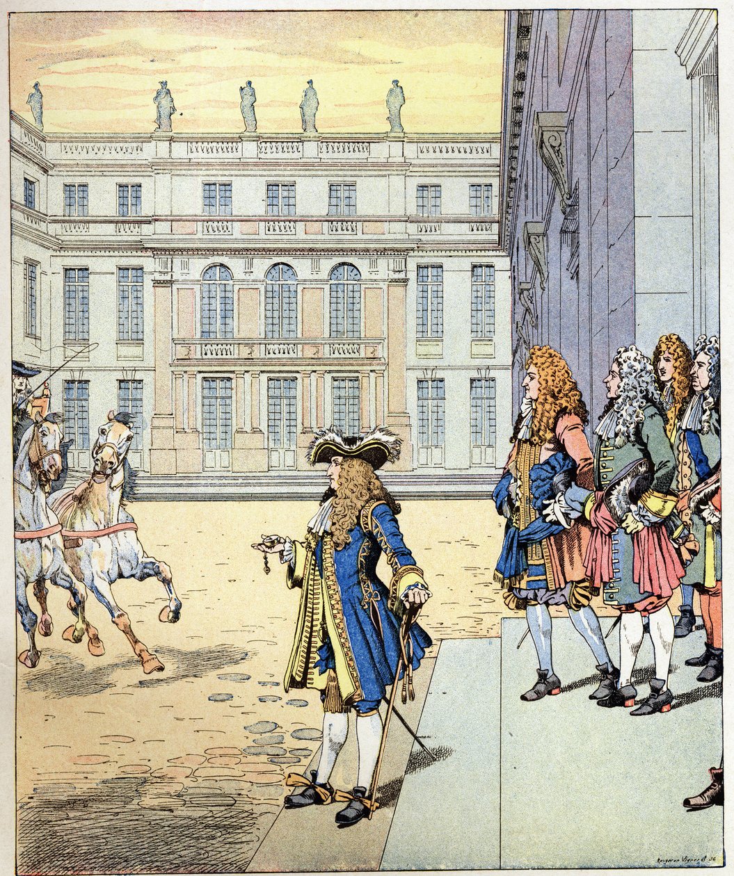 Jag väntade nästan! orden från kungen av Frankrike Ludvig XIV sa att kung Soleil (1638-1715) talade framför slottet i Versailles när hans kaross anlände vid den exakta tiden. Illustration av Job (Jacques Marie Gaston Onfray och Breville) (Jacques-Marie) av pseudonym for Onfray de Breville Jacques Job