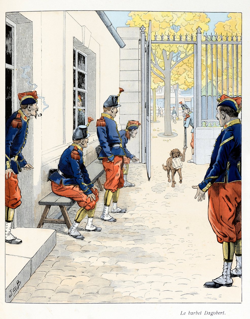 Illustration utdragen ur boken "A la gloire des betes"" text av A Fabre, teckningar av Jacques Marie Gaston Onfray de Breville dit JOB (1858-1931), förläggare Maison Alfred Mame et fils: Barbet Dagobert (i en barack i Paris) ), Insamling Delvis av pseudonym for Onfray de Breville Jacques Job