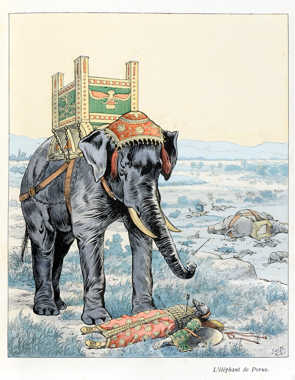 Illustration från boken "In the Glory of the Beasts"" text av A Fabre, teckningar av Jacques Marie Gaston Onfray de Breville säger JOB (1858-1931), förläggare Maison Alfred Mother and Son: The Elephant of Porus (At the Battle of Porus) Hydaspe). År 328 f.K av pseudonym for Onfray de Breville Jacques Job