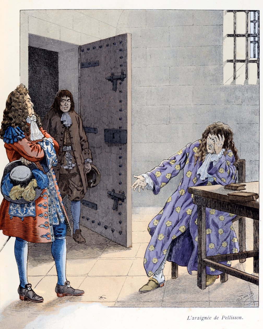 Illustration från boken "A la Glory des Betes"" text av A Fabre, teckningar av Jacques Marie Gaston Onfray de Breville dit JOB (1858-1931), förlag Maison Alfred Mame et fils: L’araignee de Pellisson (Ami de Fouquet och sekreterare för Ludvig XIV, han var l av pseudonym for Onfray de Breville Jacques Job