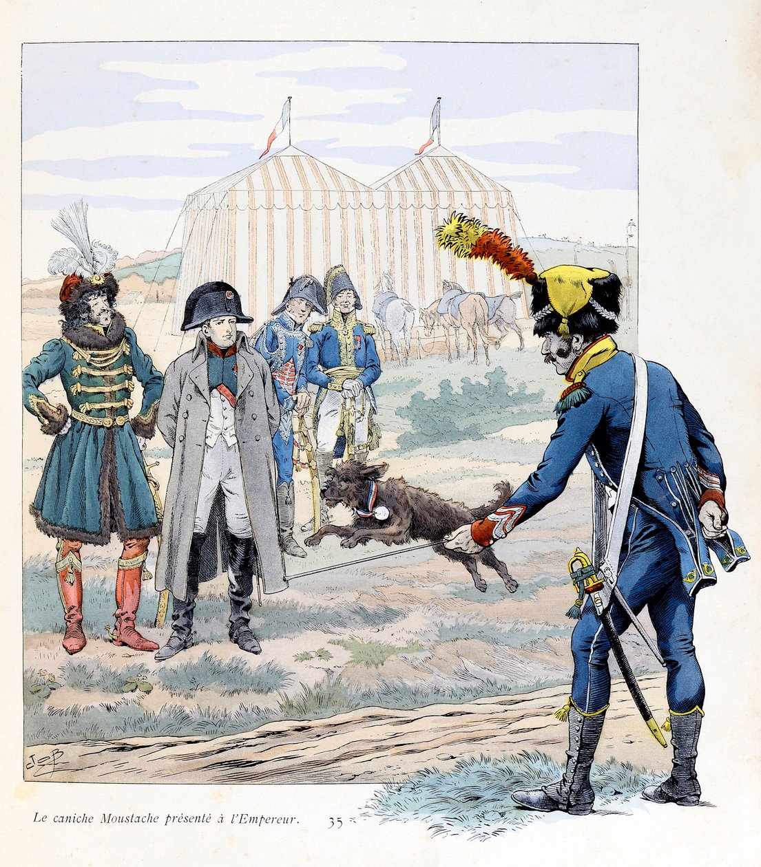 Illustration från boken "A la gloire des betes"" text av A Fabre, teckningar av Jacques Marie Gaston Onfray de Breville dit JOB (1858-1931), förläggare Maison Alfred Mame et fils: Mustaschpudeln presenterad för kejsaren (Napoleon I) ) (han sparade en flagg av pseudonym for Onfray de Breville Jacques Job