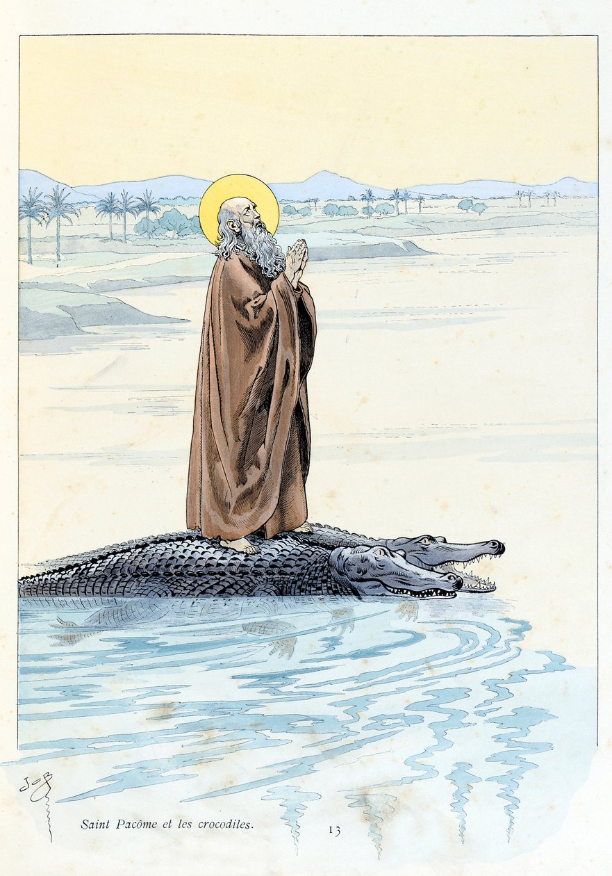Illustration från boken "A la Glory des Betes"" text av A Fabre, teckningar av Jacques Marie Gaston Onfray de Breville dit JOB (1858-1931), redaktör Maison Alfred Mame et fils: Saint Pacome (abbe 292-348) och Krokodiler, privat samling av pseudonym for Onfray de Breville Jacques Job