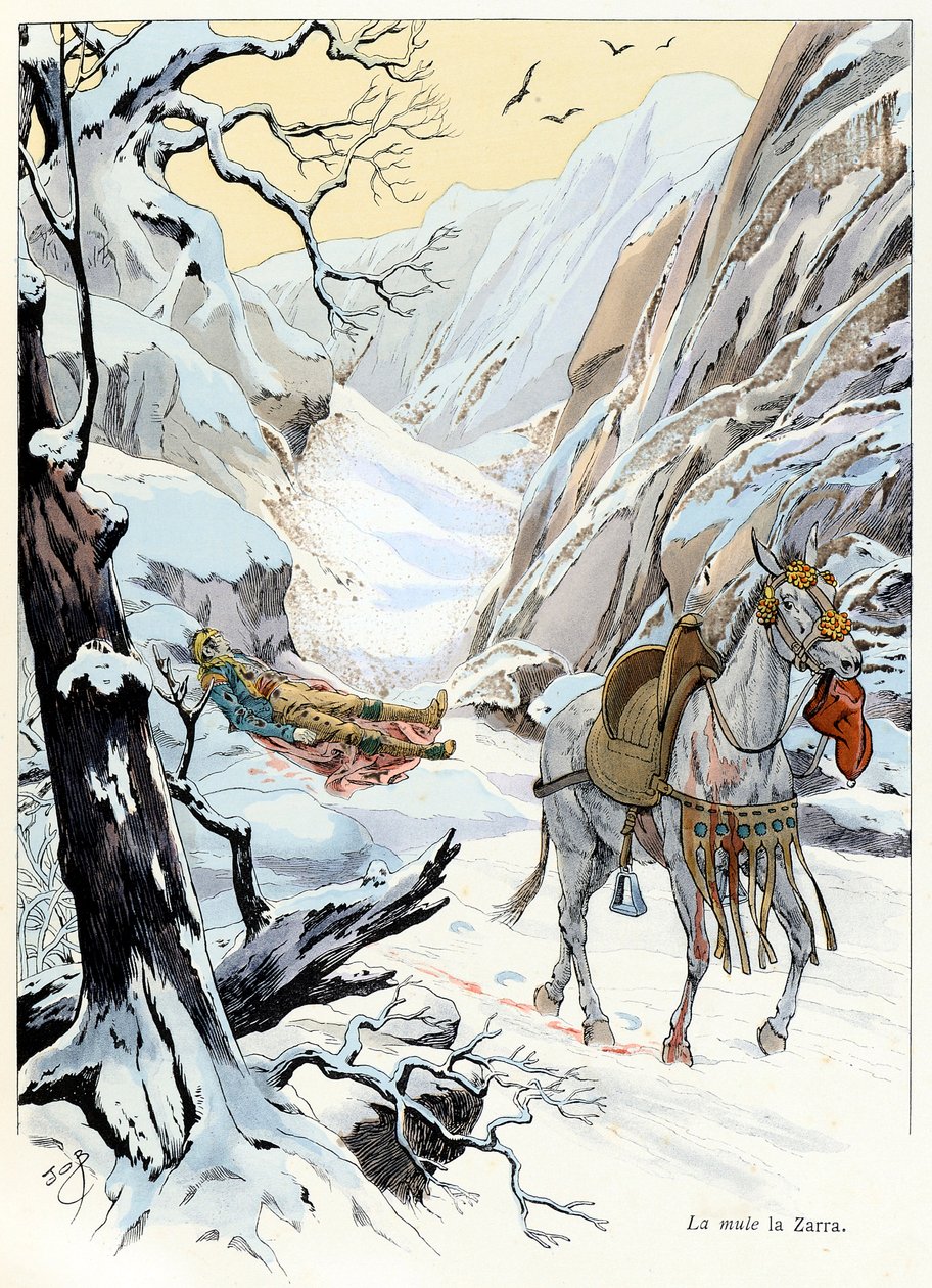 Illustration från boken “A la gloire des betes”” text av A Fabre, teckningar av Jacques Marie Gaston Onfray de Breville dit JOB (1858-1931), förläggare Maison Alfred Mame och son: La mule 