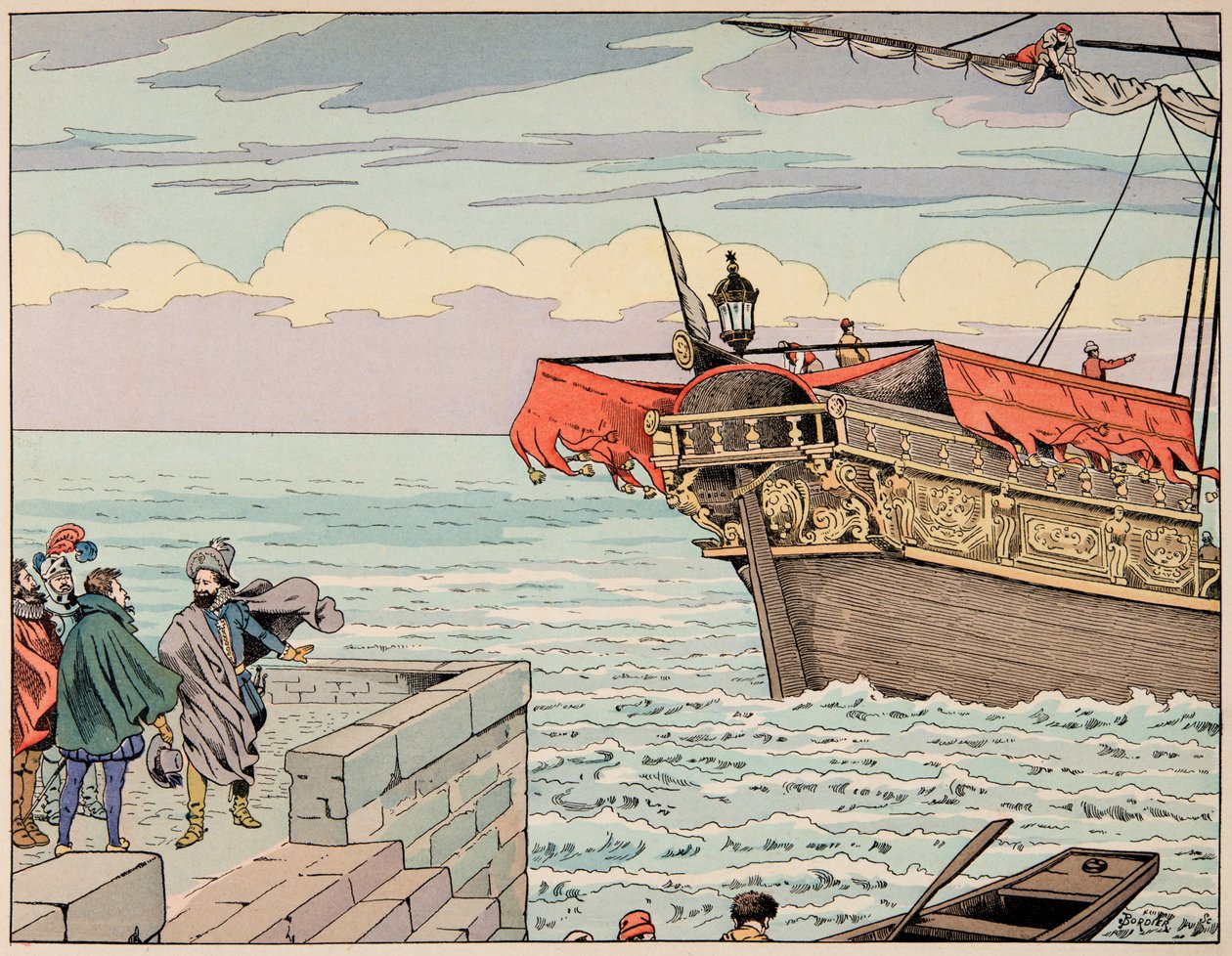 Illustration från boken "" Le bon roy Henri"", illustrerad av Jacques Marie Gaston Onfray de Breville dit JOB (1858-1931): Henri IV vägrar rådet att fly till England - Privat samling av pseudonym for Onfray de Breville Jacques Job