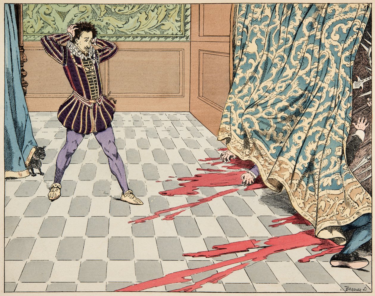 Illustration från boken "Le bon roy Henri", illustrerad av Jacques Marie Gaston Onfray de Breville dit JOB (1858-1931): På Saint Barthelemys dag är hans två vänner, Segur och La Rochefoucauld egorges framför hans ögon - Privat samling av pseudonym for Onfray de Breville Jacques Job