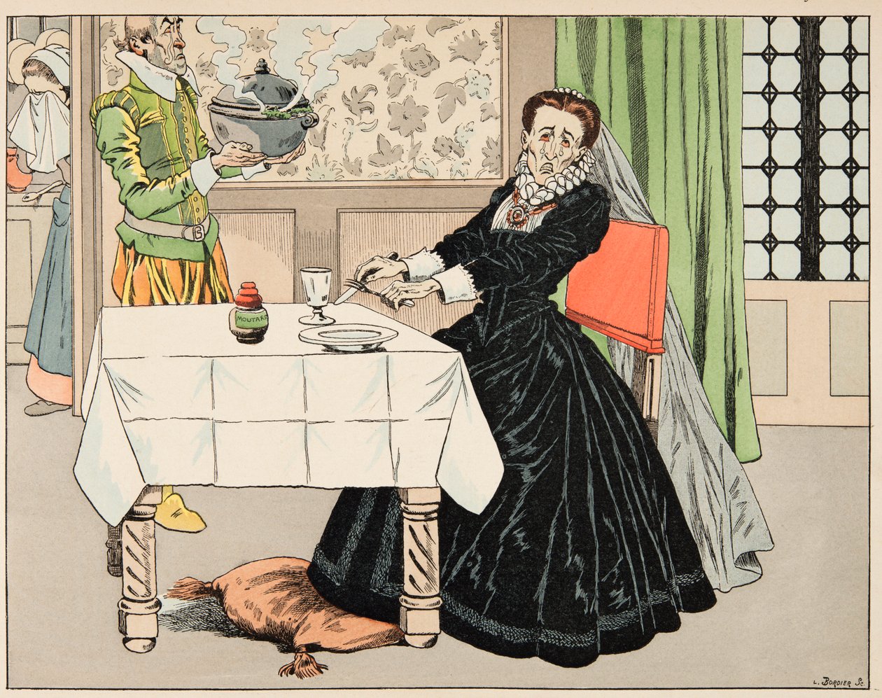 Illustration från boken "Le bon roy Henri", illustrerad av Jacques Marie Gaston Onfray de Breville dit JOB (1858-1931): En mamma åt sitt barn under belägringen av Paris - Privat samling av pseudonym for Onfray de Breville Jacques Job