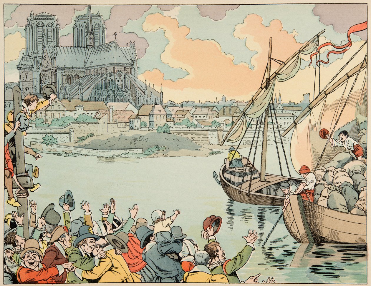 Illustration från boken "Le bon roy Henri", illustrerad av Jacques Marie Gaston Onfray de Breville dit JOB (1858-1931): Paris refuitaille - Privat samling av pseudonym for Onfray de Breville Jacques Job